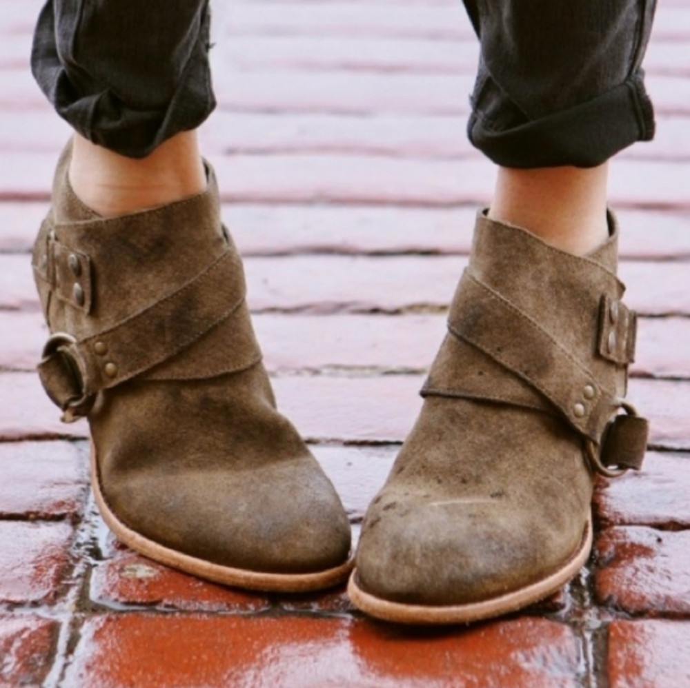 Free People Boho Leather Sz 38 Tortuga Strappy Suede Stacked Heel Booties